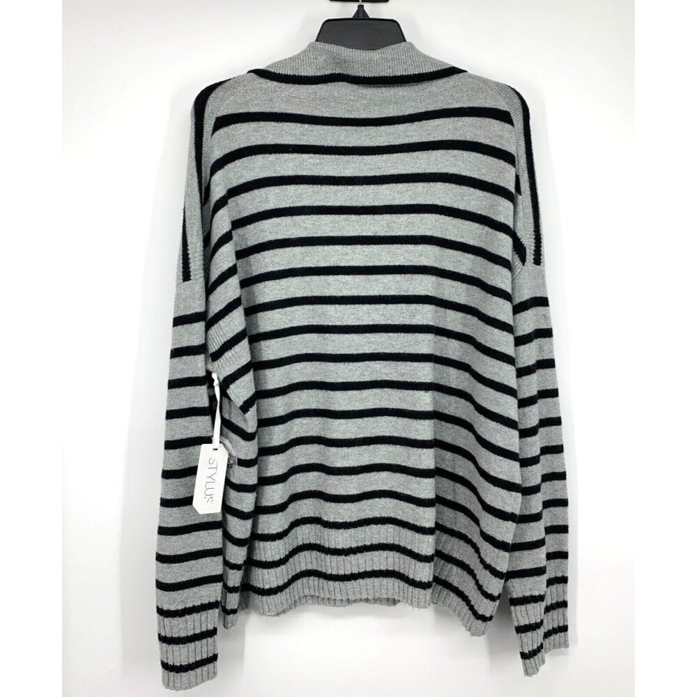 Stylus Sweater Gray Black Stripe V Neck Long Sleeve Pullover NWT - Picture 9 of 12